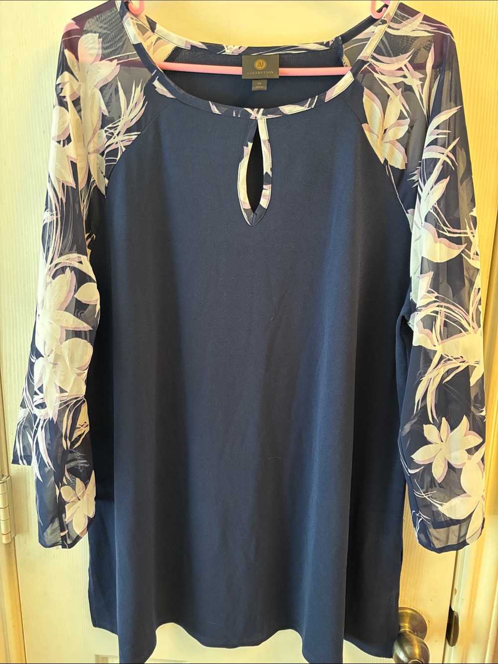 JM Collection Navy Tunic with Floral Sheer Sleeves